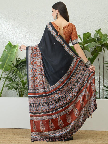 Semi Modal Rust Printed Saree | EZB GF02 LUX 10005 - EZBER