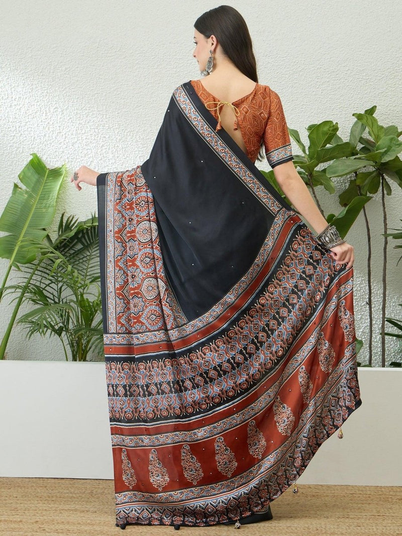 Semi Modal Rust Printed Saree | EZB GF02 LUX 10005 - EZBER
