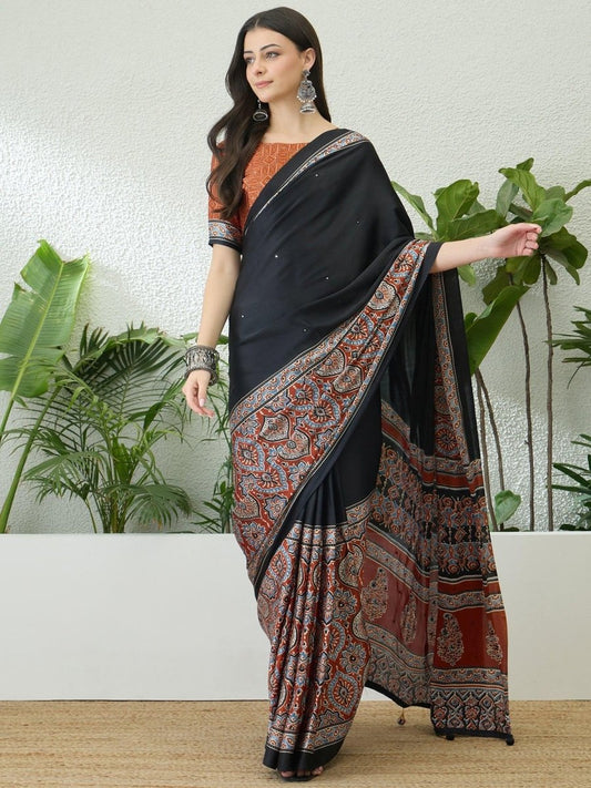 Semi Modal Rust Printed Saree | EZB GF02 LUX 10005 - EZBER