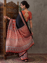 Semi Modal Salmon Ajrakh Print Saree | EZB GF02 LUX 4008