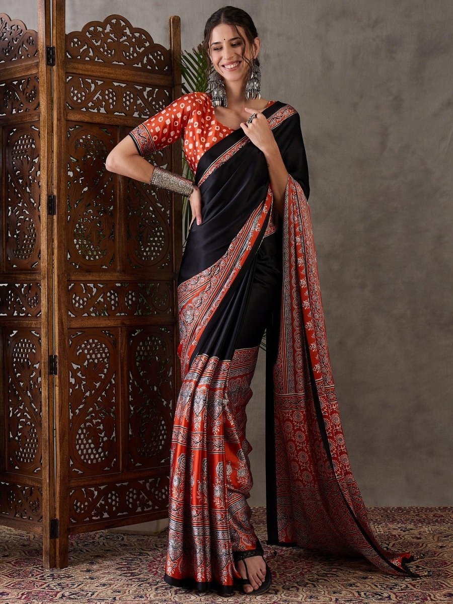 Semi Modal Salmon Printed Saree | EZB GF02 LUX 4008 - EZBER