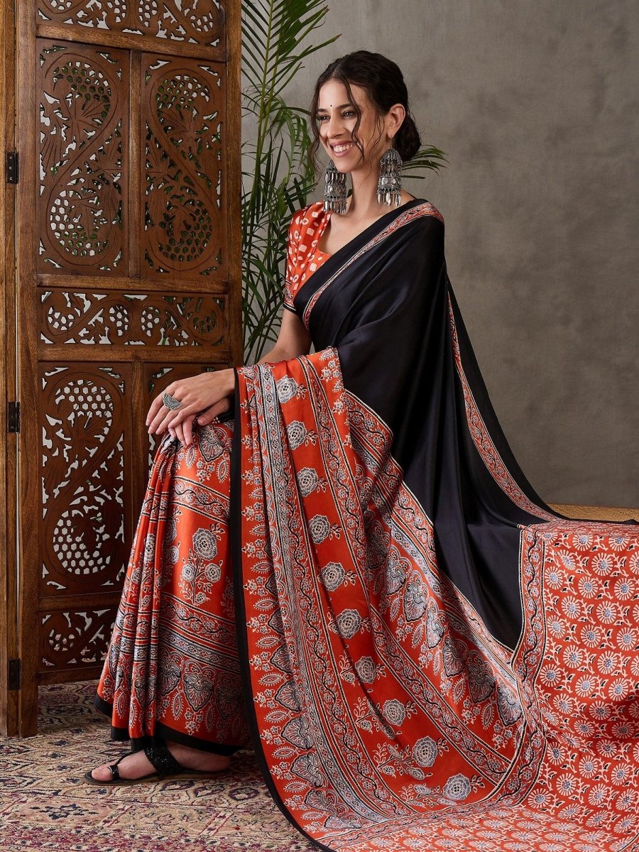 Semi Modal Salmon Printed Saree | EZB GF02 LUX 4008 - EZBER