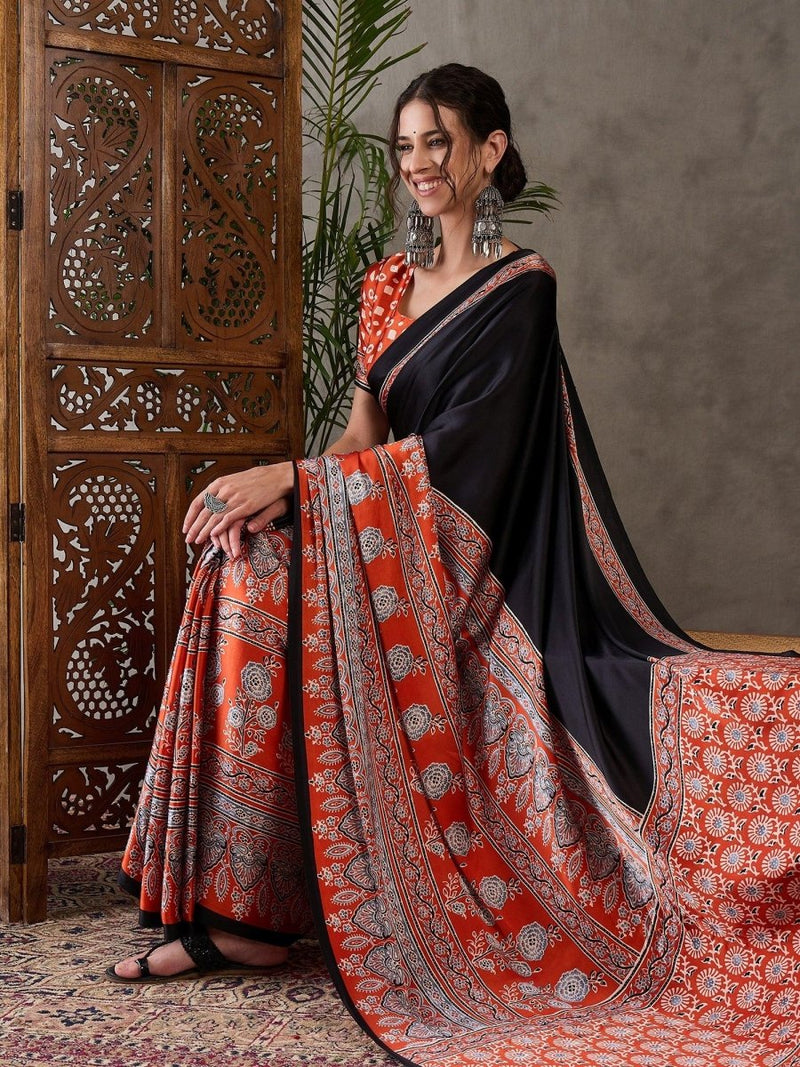 Semi Modal Salmon Printed Saree | EZB GF02 LUX 4008 - EZBER
