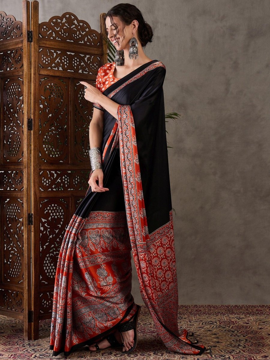 Semi Modal Salmon Printed Saree | EZB GF02 LUX 4008 - EZBER