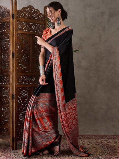 Semi Modal Salmon Printed Saree | EZB GF02 LUX 4008 - EZBER