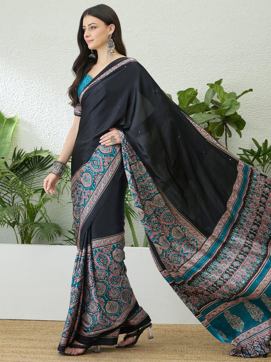 Semi Modal Teal Printed Saree | EZB GF02 LUX 10001 - EZBER