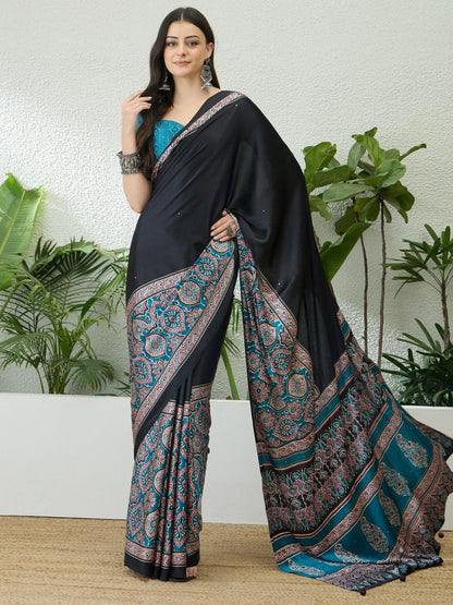 Semi Modal Teal Printed Saree | EZB GF02 LUX 10001 - EZBER