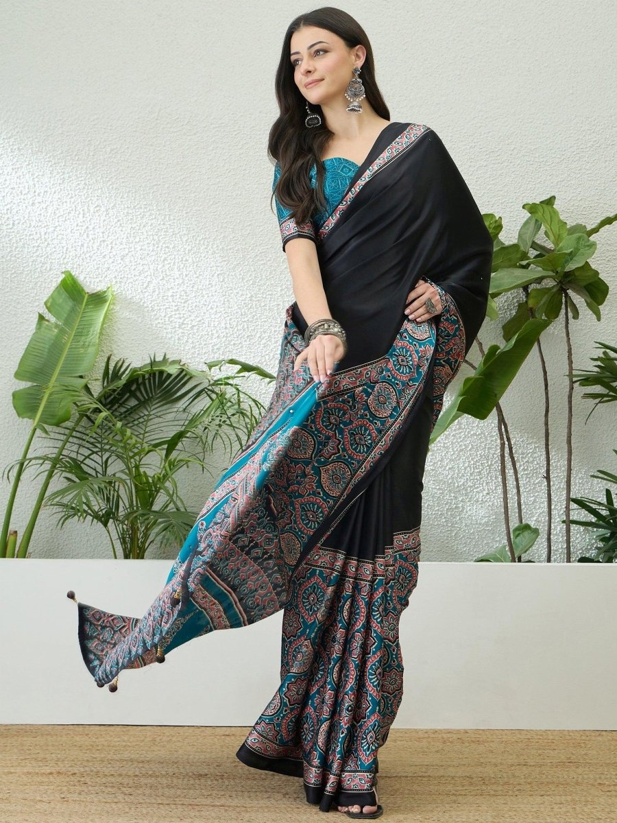 Semi Modal Teal Printed Saree | EZB GF02 LUX 10001 - EZBER