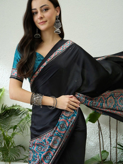 Semi Modal Teal Printed Saree | EZB GF02 LUX 10001 - EZBER