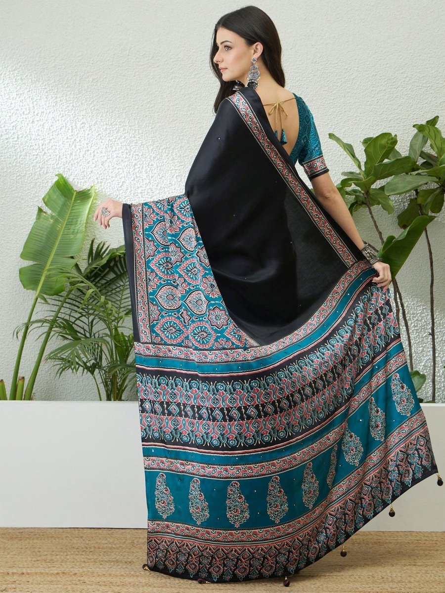 Semi Modal Teal Printed Saree | EZB GF02 LUX 10001 - EZBER