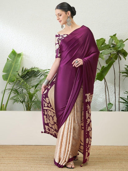 Semi Modal Wine Printed Saree | EZB GF02 RAGA VOL 1 51006 - EZBER