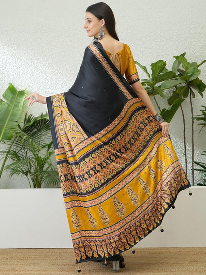 Semi Modal Yellow Printed Saree | EZB GF02 LUX 10006 - EZBER