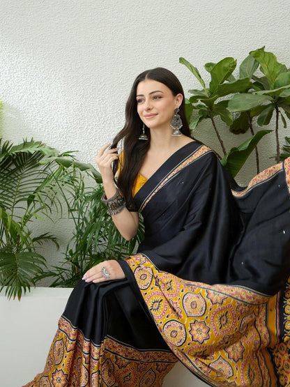 Semi Modal Yellow Printed Saree | EZB GF02 LUX 10006 - EZBER