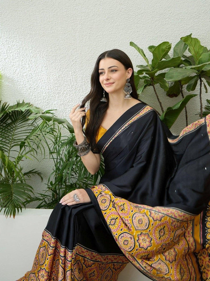 Semi Modal Yellow Printed Saree | EZB GF02 LUX 10006 - EZBER