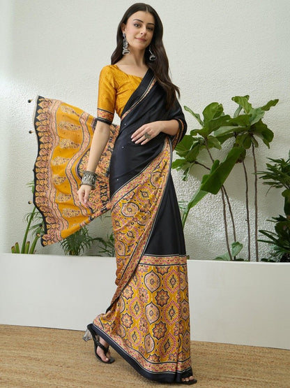 Semi Modal Yellow Printed Saree | EZB GF02 LUX 10006 - EZBER