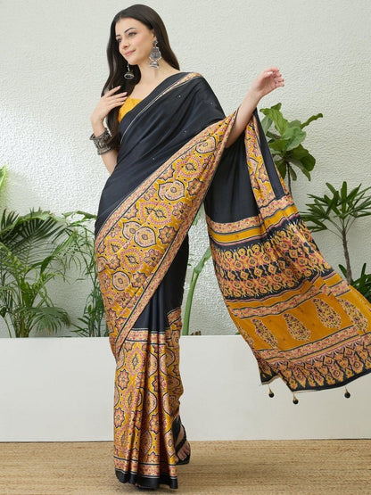 Semi Modal Yellow Printed Saree | EZB GF02 LUX 10006 - EZBER