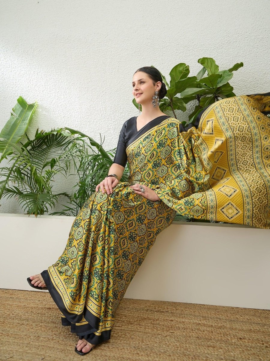Semi Modal Yellow Printed Saree | EZB GF02 LUX 13001 - EZBER