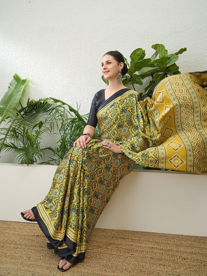 Semi Modal Yellow Printed Saree | EZB GF02 LUX 13001 - EZBER