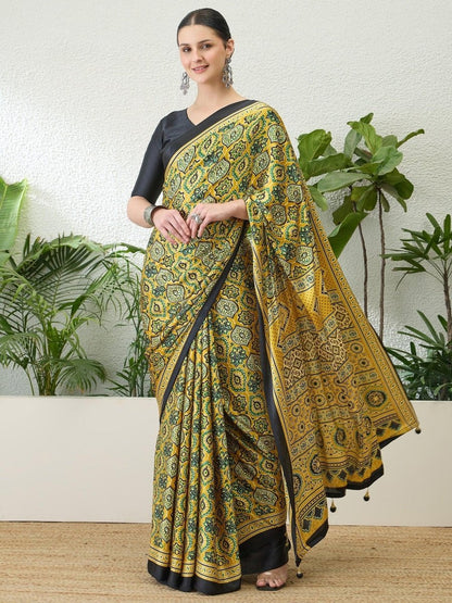 Semi Modal Yellow Printed Saree | EZB GF02 LUX 13001 - EZBER