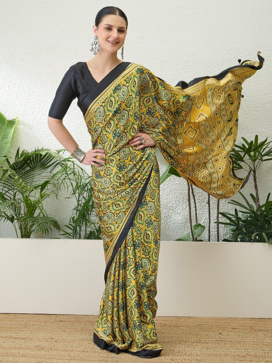 Semi Modal Yellow Printed Saree | EZB GF02 LUX 13001 - EZBER