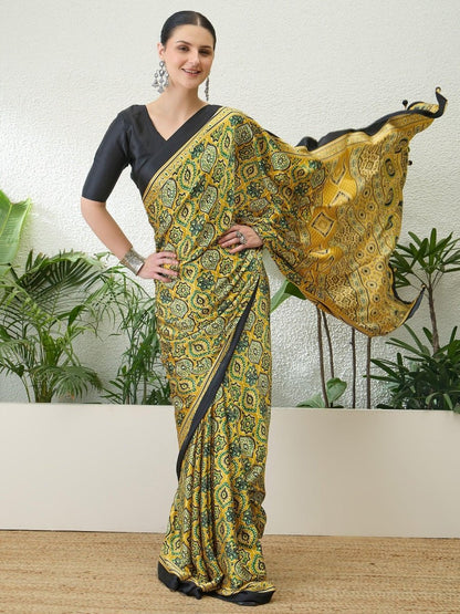 Semi Modal Yellow Printed Saree | EZB GF02 LUX 13001 - EZBER