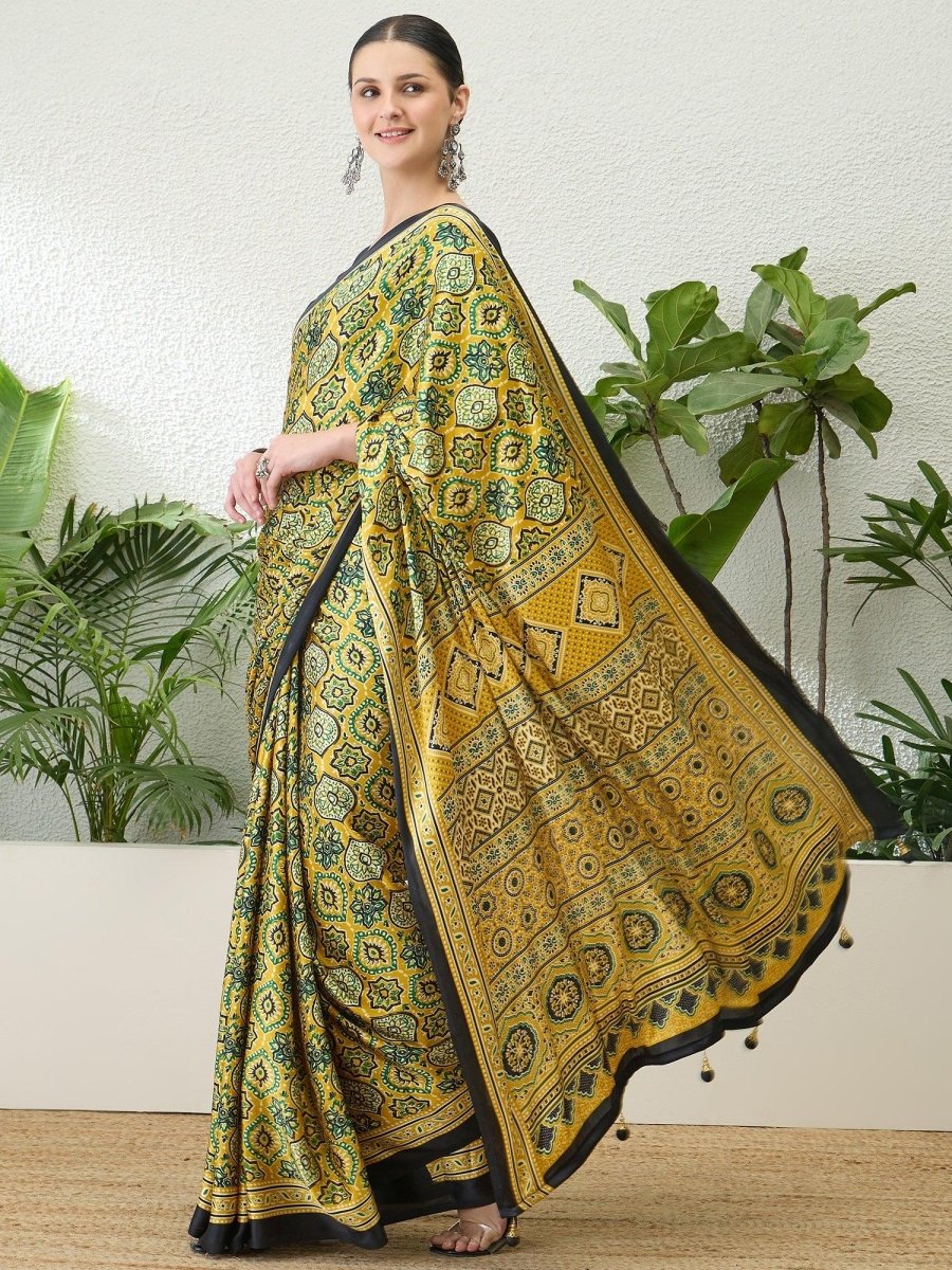 Semi Modal Yellow Printed Saree | EZB GF02 LUX 13001 - EZBER