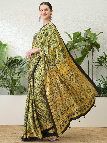 Semi Modal Yellow Printed Saree | EZB GF02 LUX 13001 - EZBER