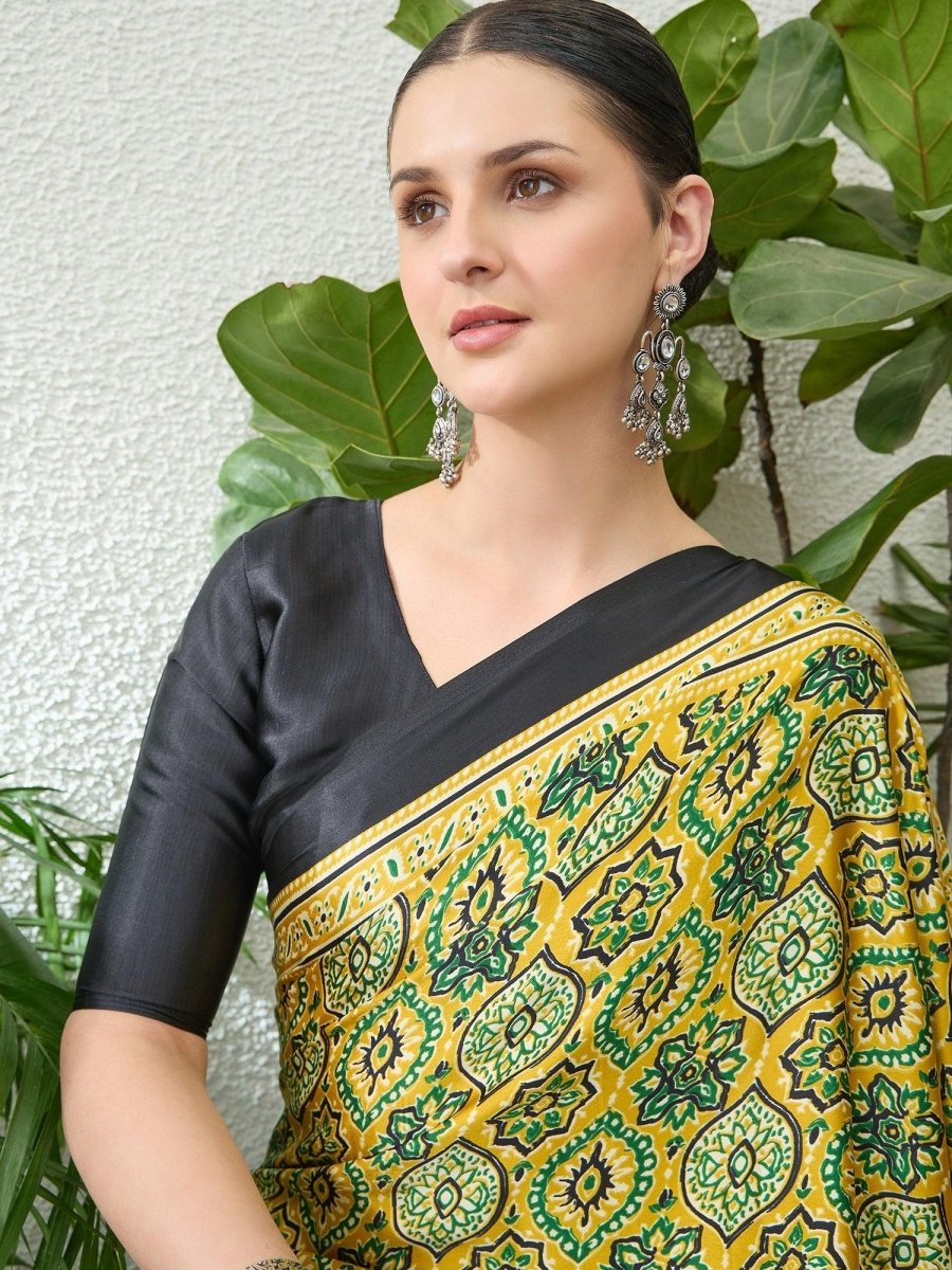 Semi Modal Yellow Printed Saree | EZB GF02 LUX 13001 - EZBER