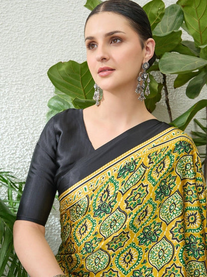 Semi Modal Yellow Printed Saree | EZB GF02 LUX 13001 - EZBER