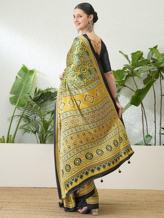 Semi Modal Yellow Printed Saree | EZB GF02 LUX 13001 - EZBER