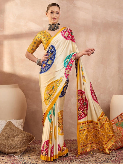 Semi Modal Yellow Printed Saree | EZB GF02 LUX 26001 - EZBER