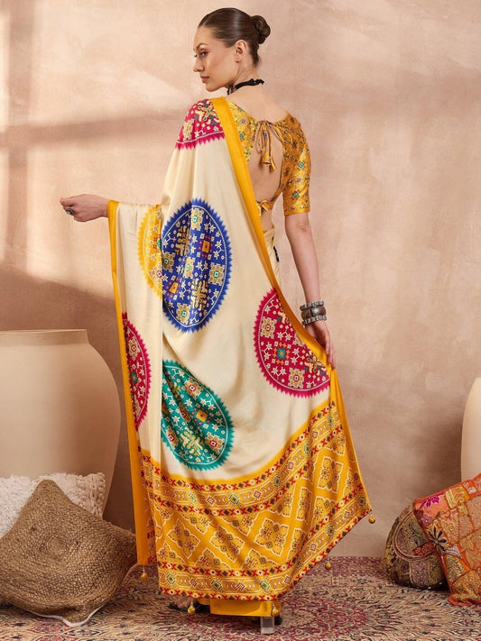 Semi Modal Yellow Printed Saree | EZB GF02 LUX 26001 - EZBER