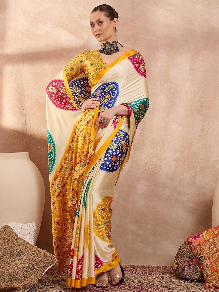 Semi Modal Yellow Printed Saree | EZB GF02 LUX 26001 - EZBER