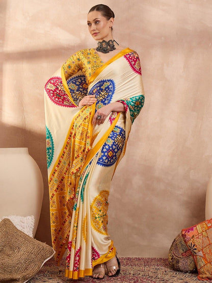 Semi Modal Yellow Printed Saree | EZB GF02 LUX 26001 - EZBER