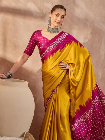 Semi Modal Yellow Printed Saree | EZB GF02 LUX 28002 - EZBER