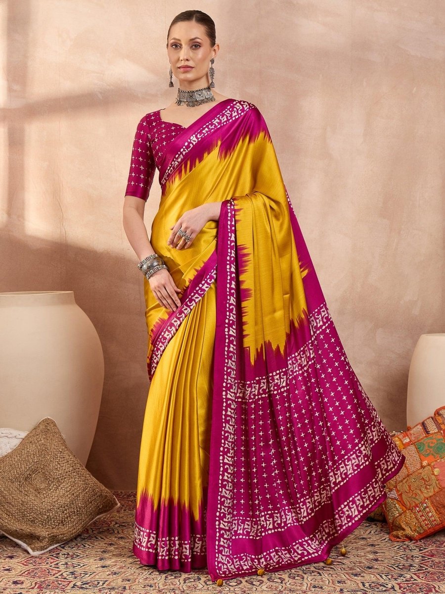 Semi Modal Yellow Printed Saree | EZB GF02 LUX 28002 - EZBER