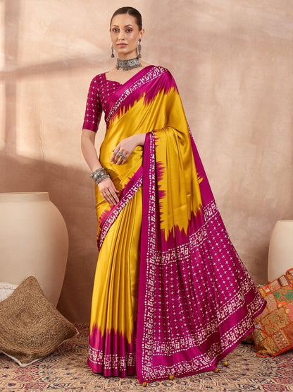 Semi Modal Yellow Printed Saree | EZB GF02 LUX 28002 - EZBER