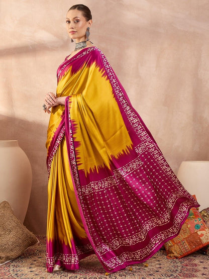 Semi Modal Yellow Printed Saree | EZB GF02 LUX 28002 - EZBER