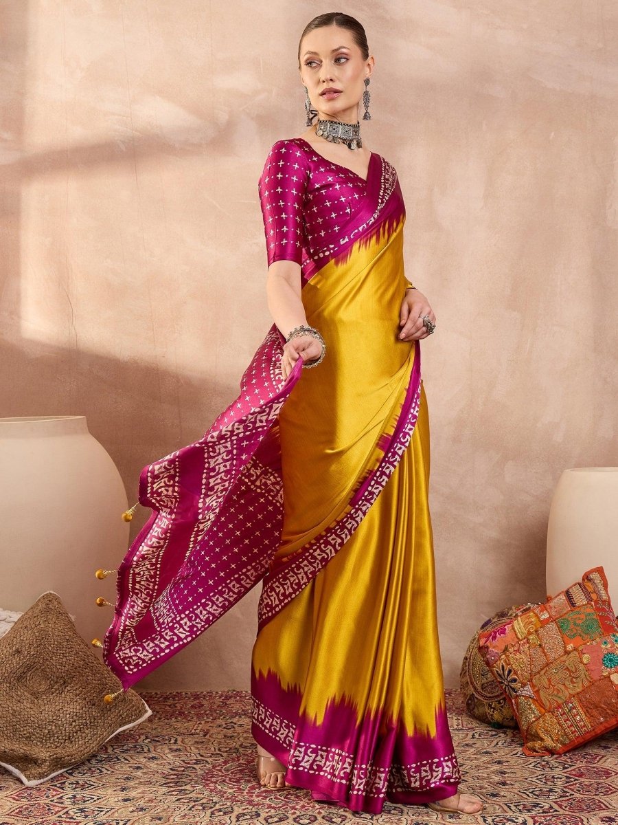 Semi Modal Yellow Printed Saree | EZB GF02 LUX 28002 - EZBER