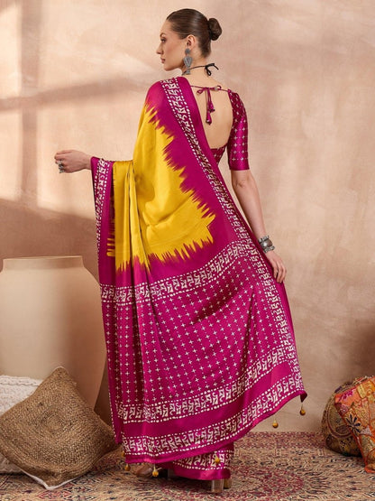 Semi Modal Yellow Printed Saree | EZB GF02 LUX 28002 - EZBER