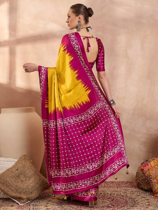 Semi Modal Yellow Printed Saree | EZB GF02 LUX 28002 - EZBER