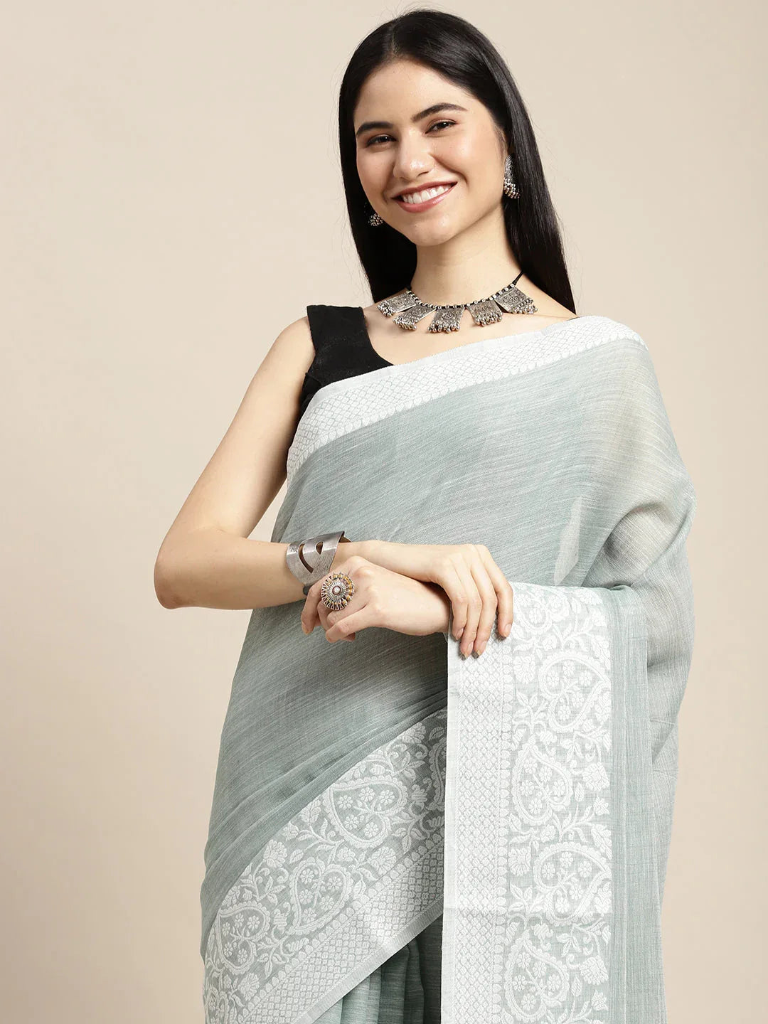Sea Green GLORY LINEN Saree with Blouse Piece - EZBER