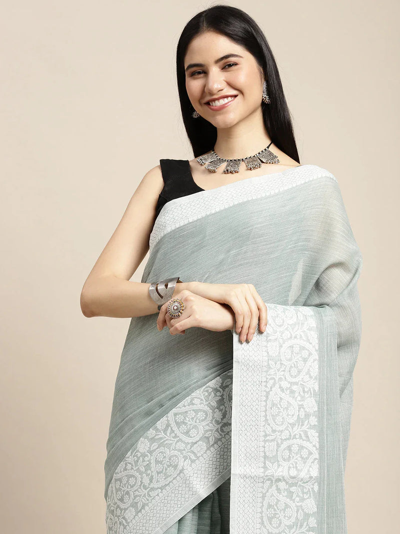 Sea Green GLORY LINEN Saree with Blouse Piece - EZBER