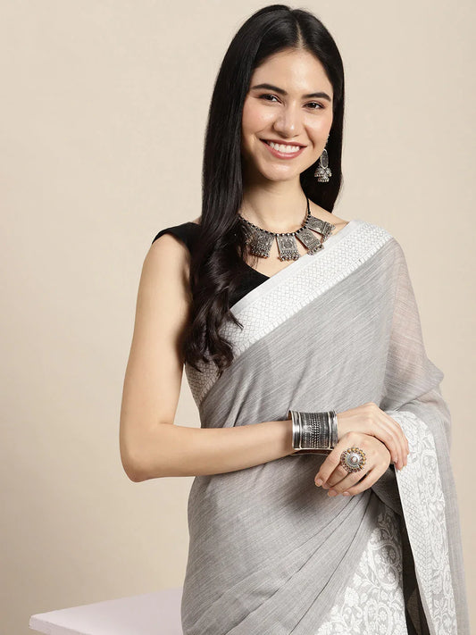 Grey GLORY LINEN Saree with Blouse Piece - EZBER