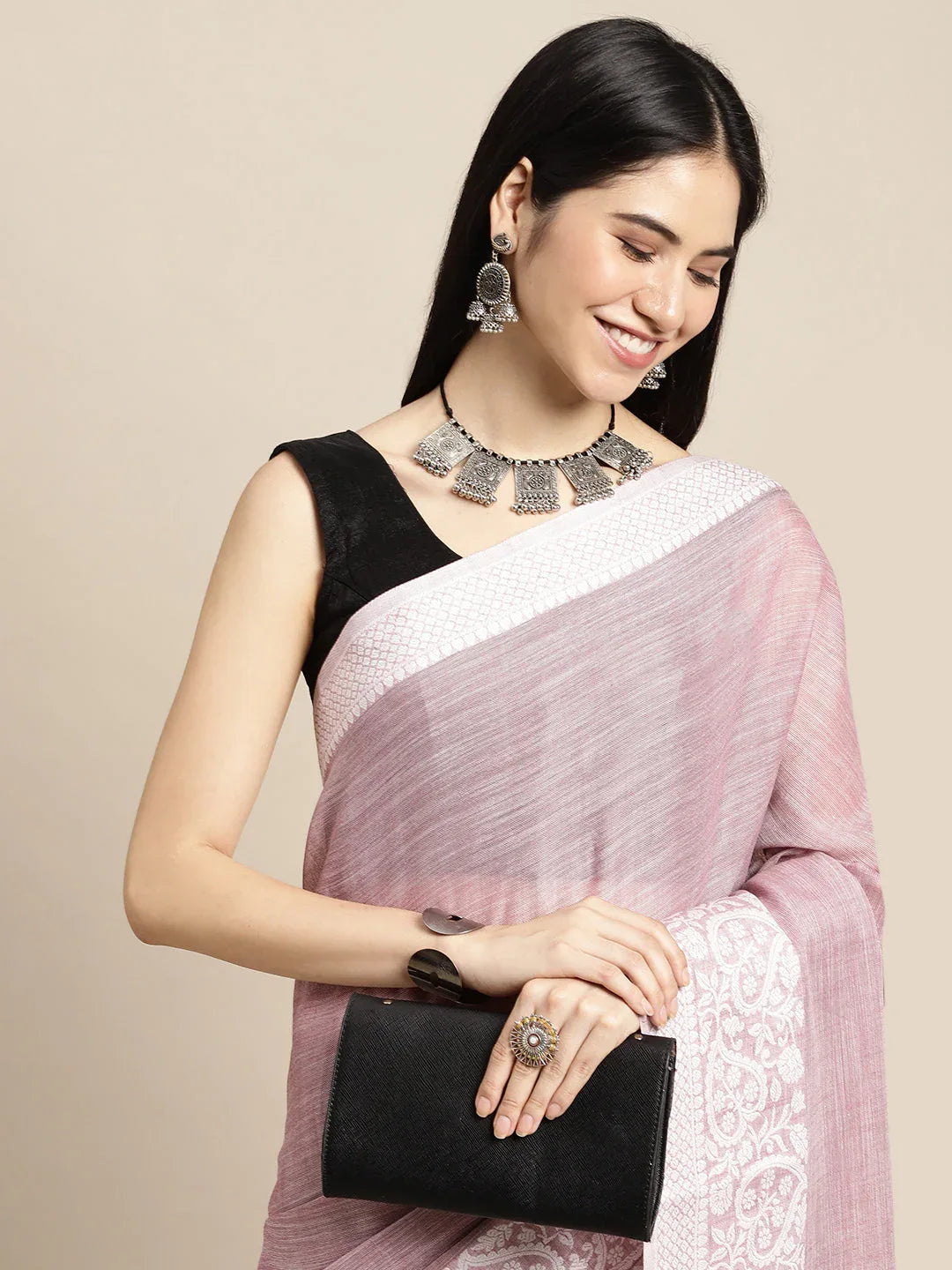 Purple GLORY LINEN Saree with Blouse Piece - EZBER