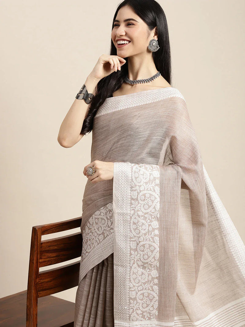 Beige GLORY LINEN Saree with Blouse Piece - EZBER