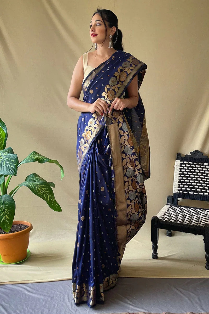 Navy Blue Silk Saree - EZBER