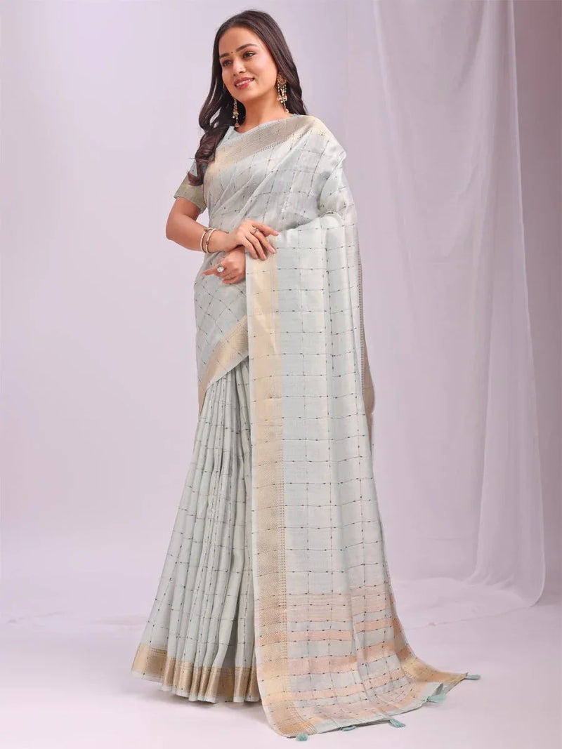 Sky Blue CASUAL CHECKS Organza Saree with Blouse Piece - EZBER