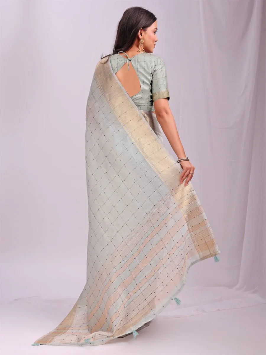 Sky Blue CASUAL CHECKS Organza Saree with Blouse Piece - EZBER