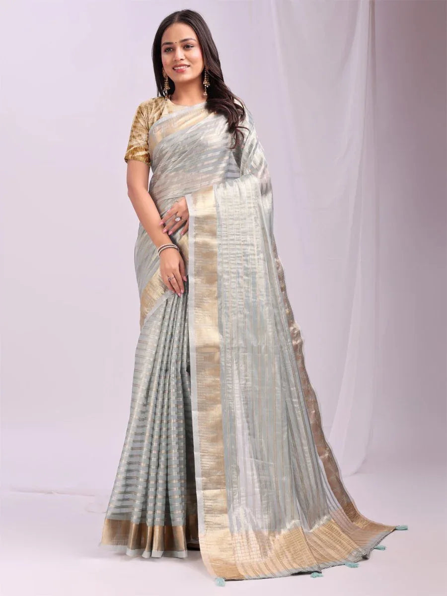Sky Blue CHICAGO Organza Saree with Blouse Piece - EZBER